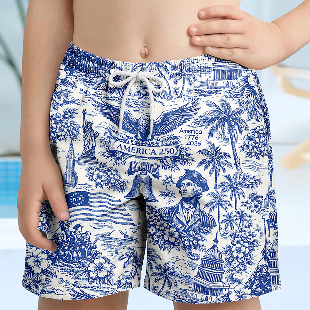 America 250th Anniversary 1776-2026 Toile De Jouy Style Kid Beach Short TH10 169409