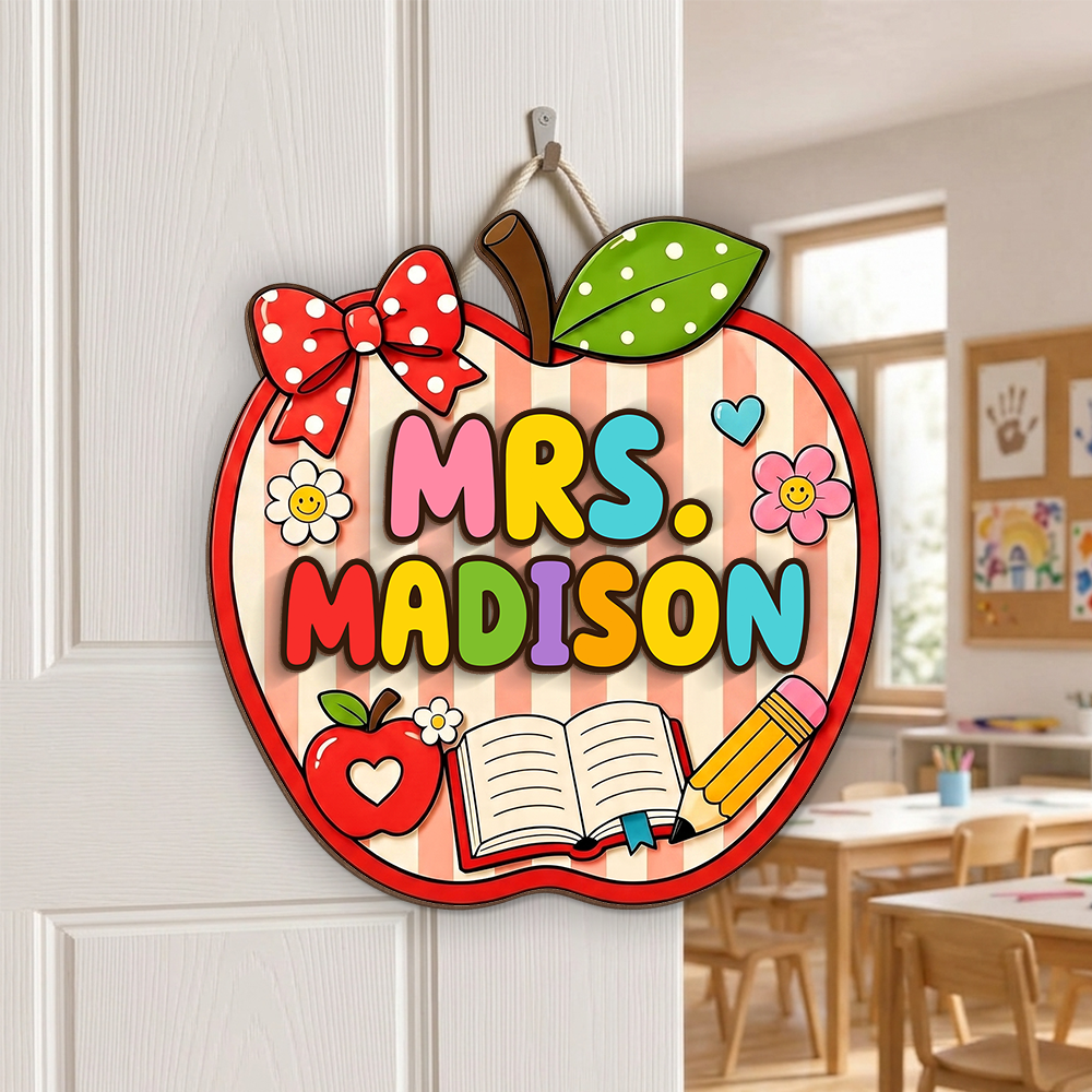 Personalized Apple Teacher Welcome Door Sign, Custom Name Classroom Door Hanger, Back to School Gift CH07 180038