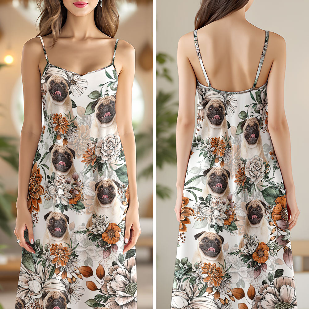 Custom Dog Photo Floral Style Women's V-Neck Cami Maxi Dress HO82 893598