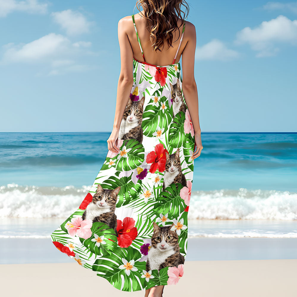 Custom Photo Cat Women's V-Neck Cami Maxi Dress HO82 893618