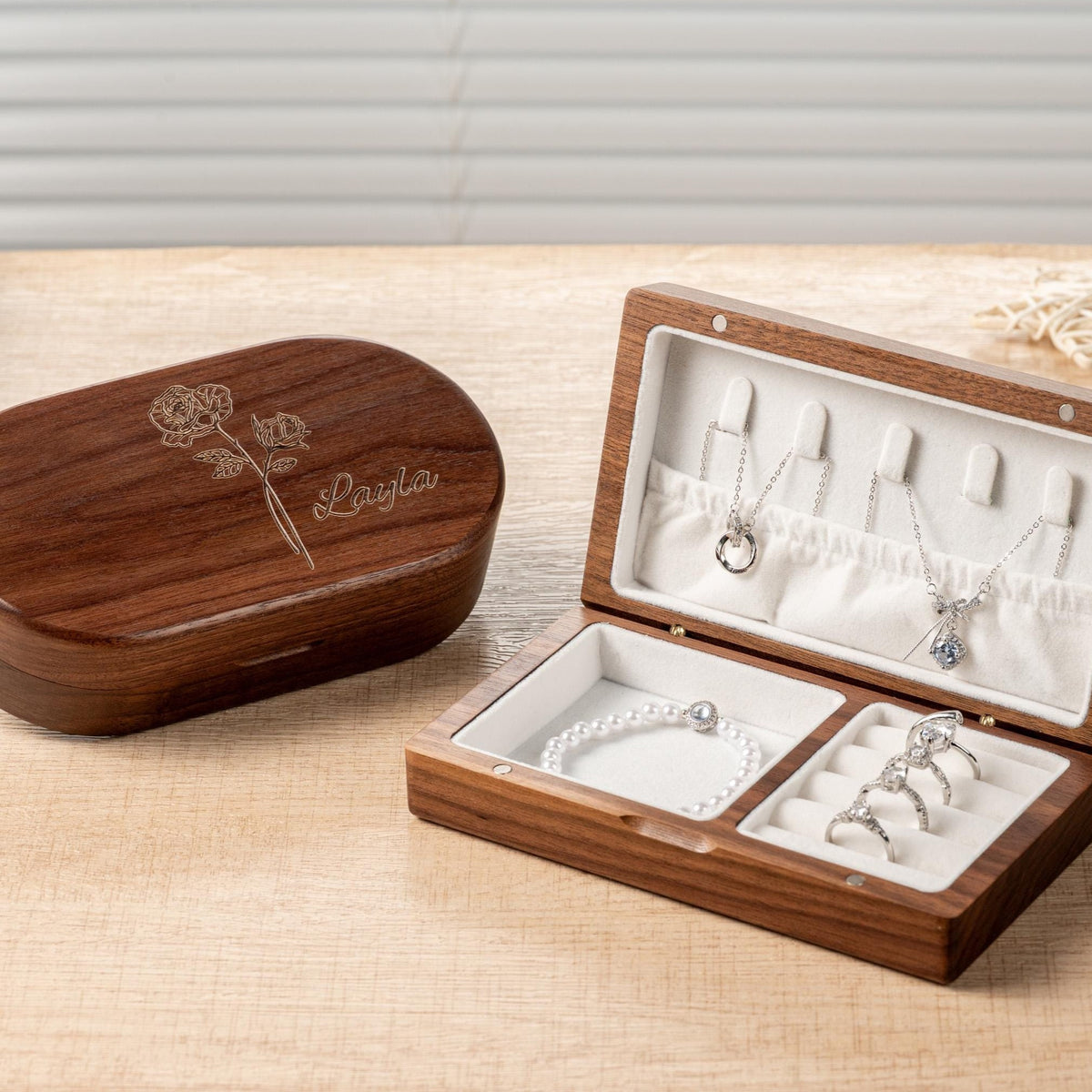 Personalized Name & Birth Flower Wooden Jewelry Box, Keepsake Gift LM32 670337