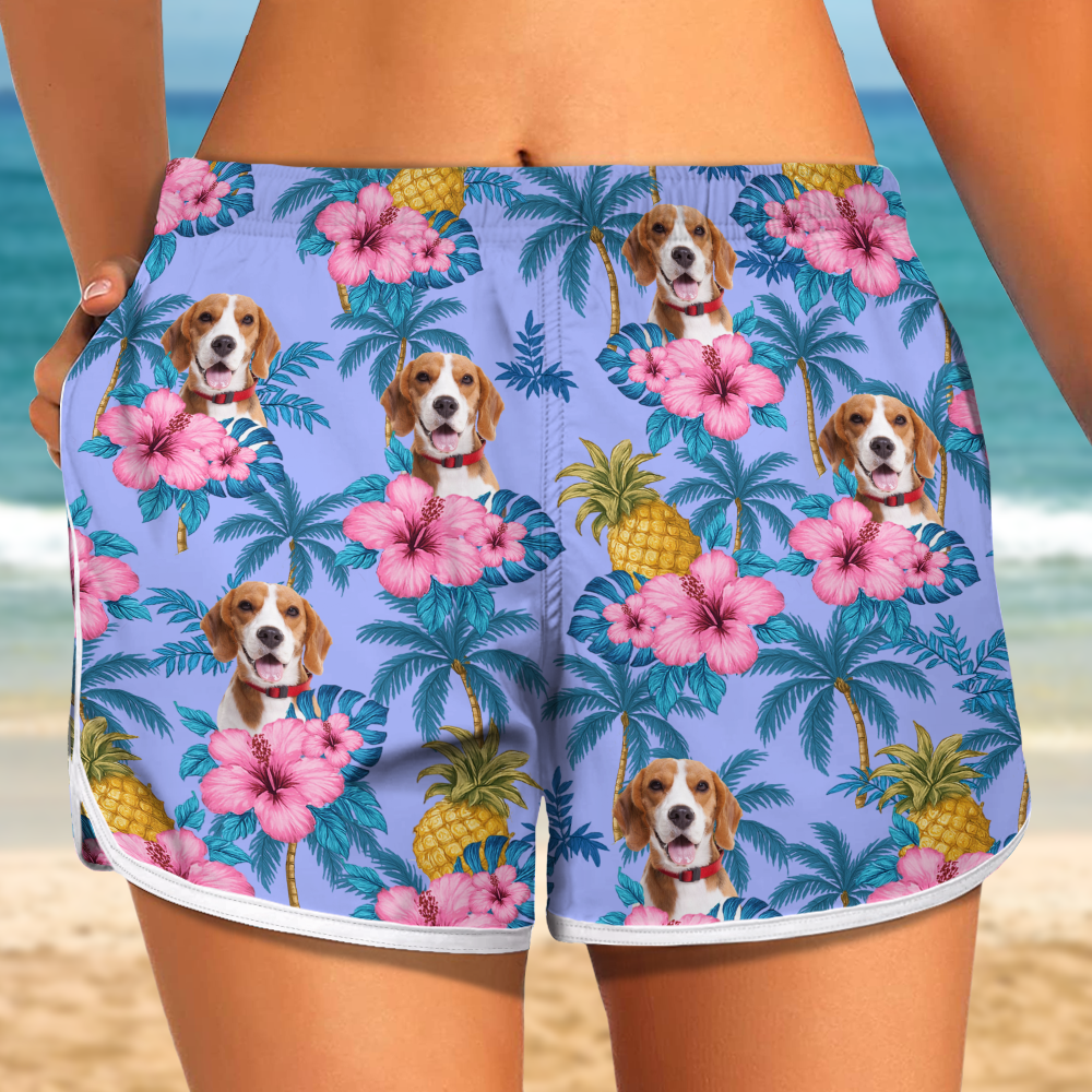 Custom Dog Cat Photo Tropical Pattern Woman's Beach Shorts Gift For Dog Cat Lovers HO82 894276