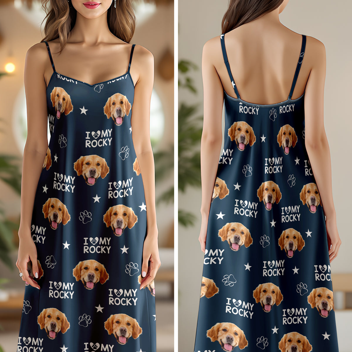 Custom Photo and Name I Love My Dog V-Neck Cami Maxi Dress HA75 892146