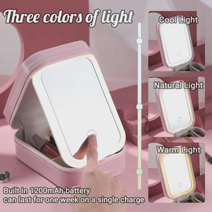 Personalized Birth Flower Leather Travel Jewelry Box with LED Mirror 100204