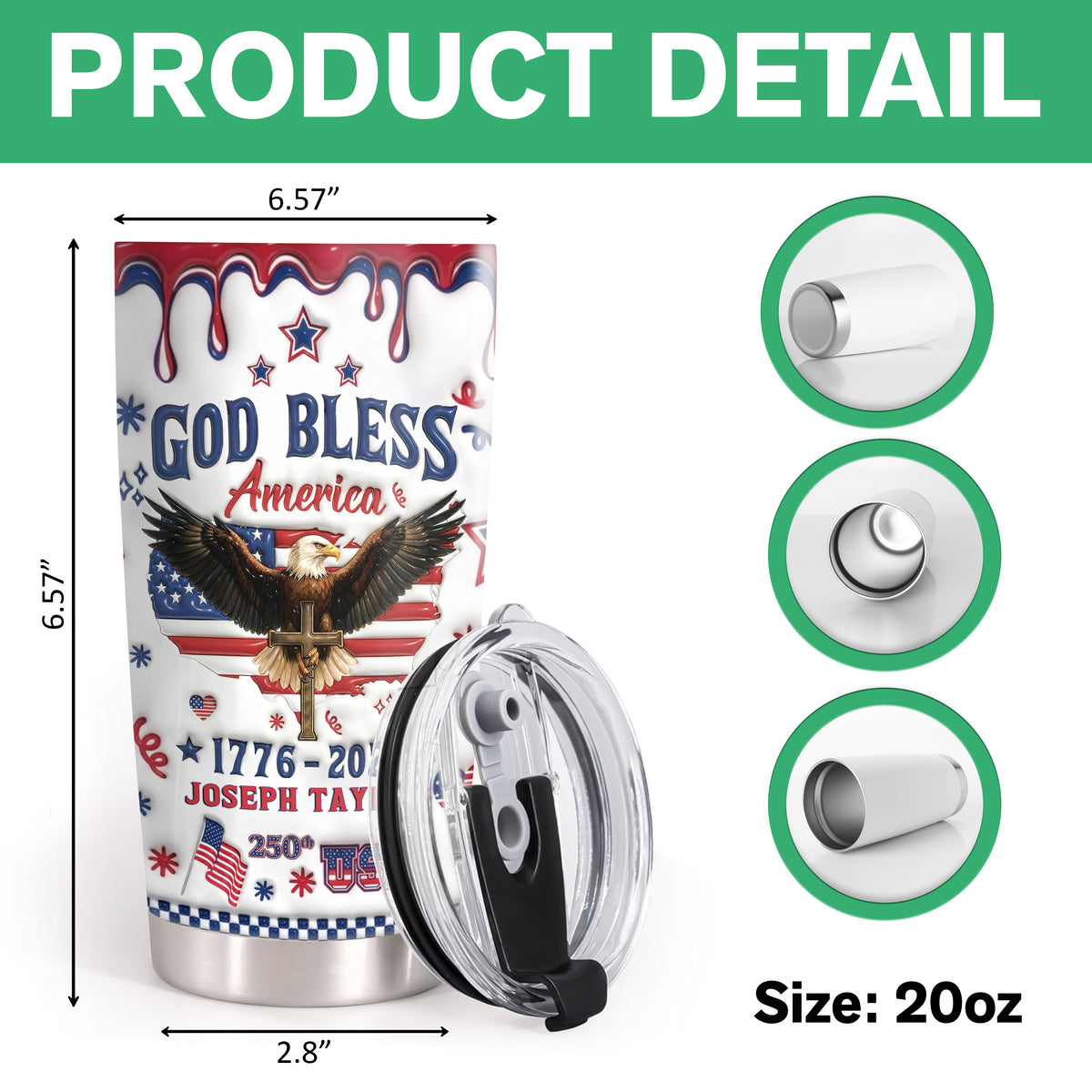 Personalized God Bless America Patriotic 3D Inflated Effect Fat Tumbler HA75 921092