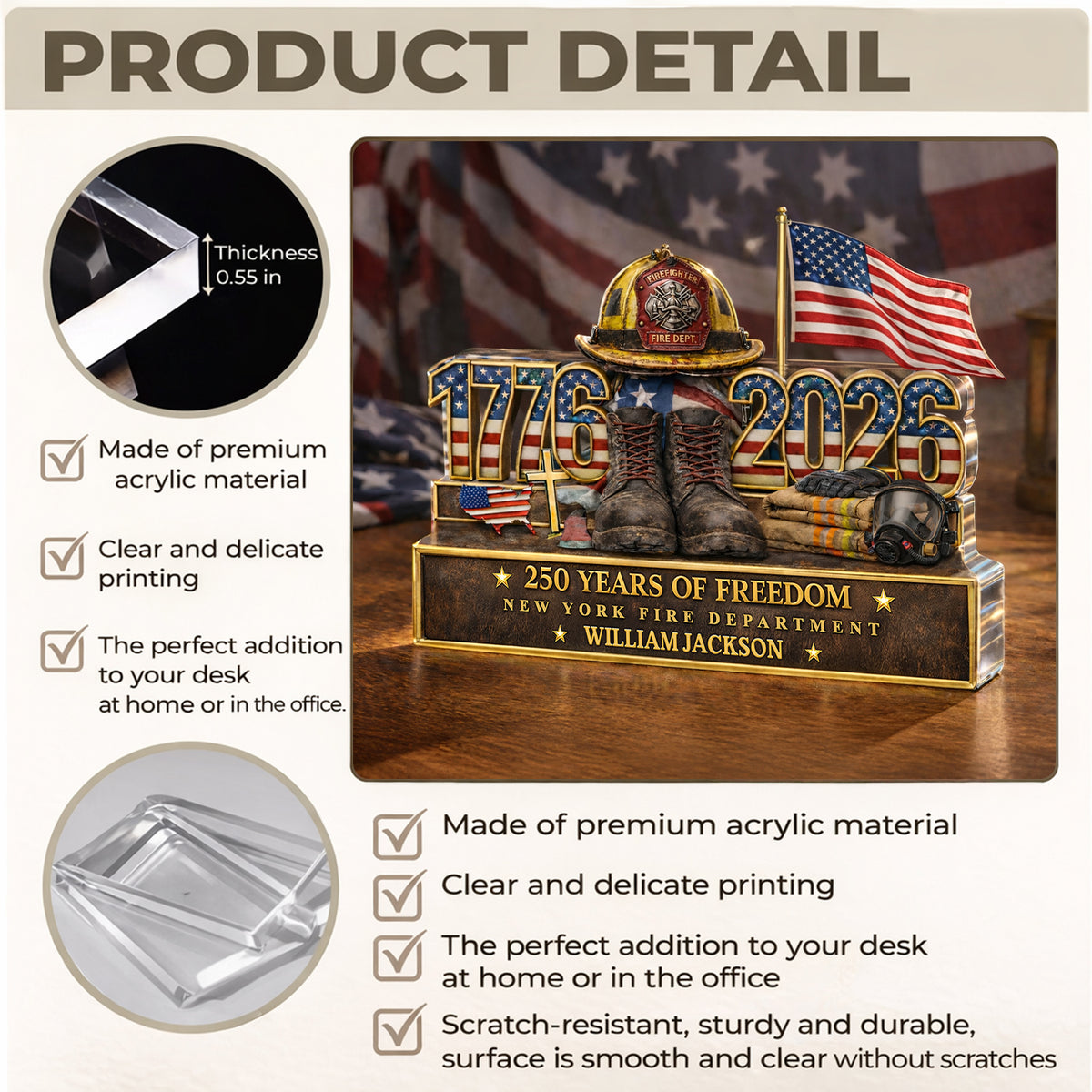 Personalized Firefighter 250 Years Of Freedom 1776–2026 Acrylic Block Plaque - Firefighter Gift, Patriotic Memorial Decor HO82 901886