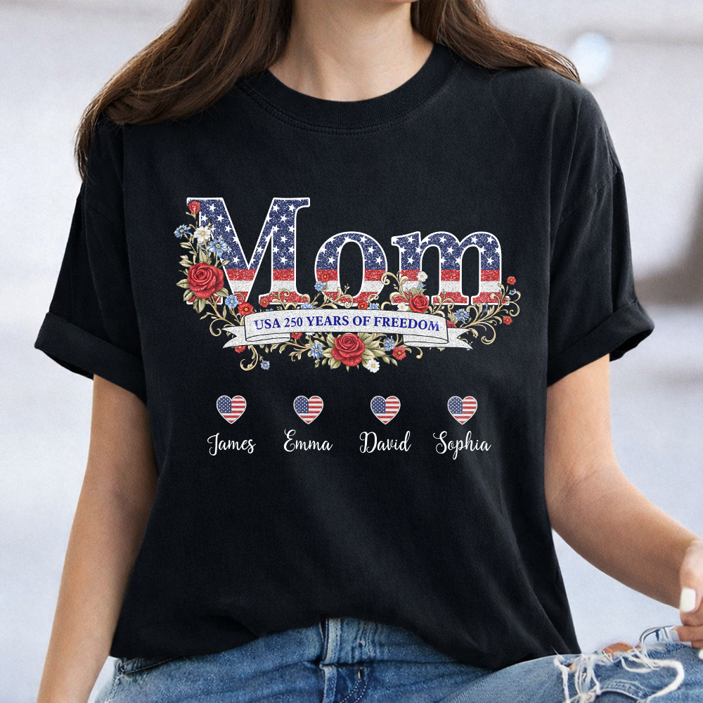Custom Kids Names Mom USA 250 Years of Freedom 1776–2026 Patriotic Floral Dark Shirt Gift for Mom CH07 911040