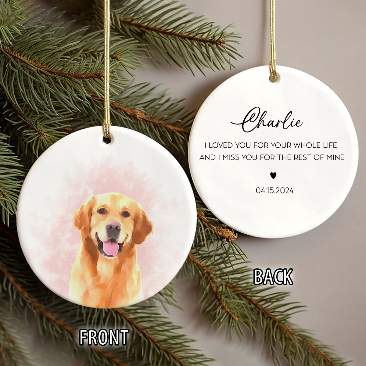 Custom Dog Photo Watercolor I Love You - 2 Sided Memorial Ceramic Ornament LM32 895605