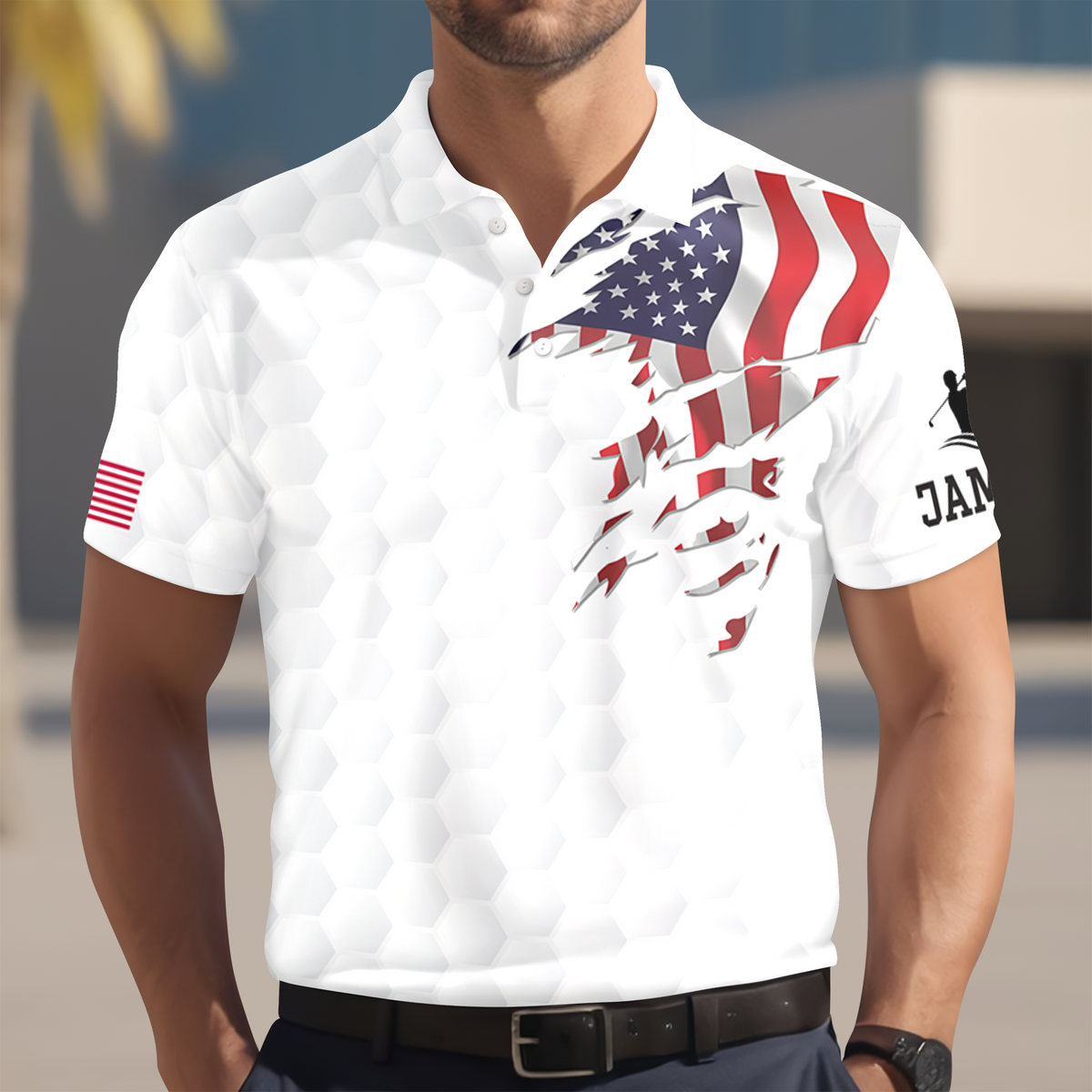 Custom Name Golf Ball Pattern American Flag Polo Shirt, Personalized USA Patriotic Golf Shirt Gift for Men HA75 898578