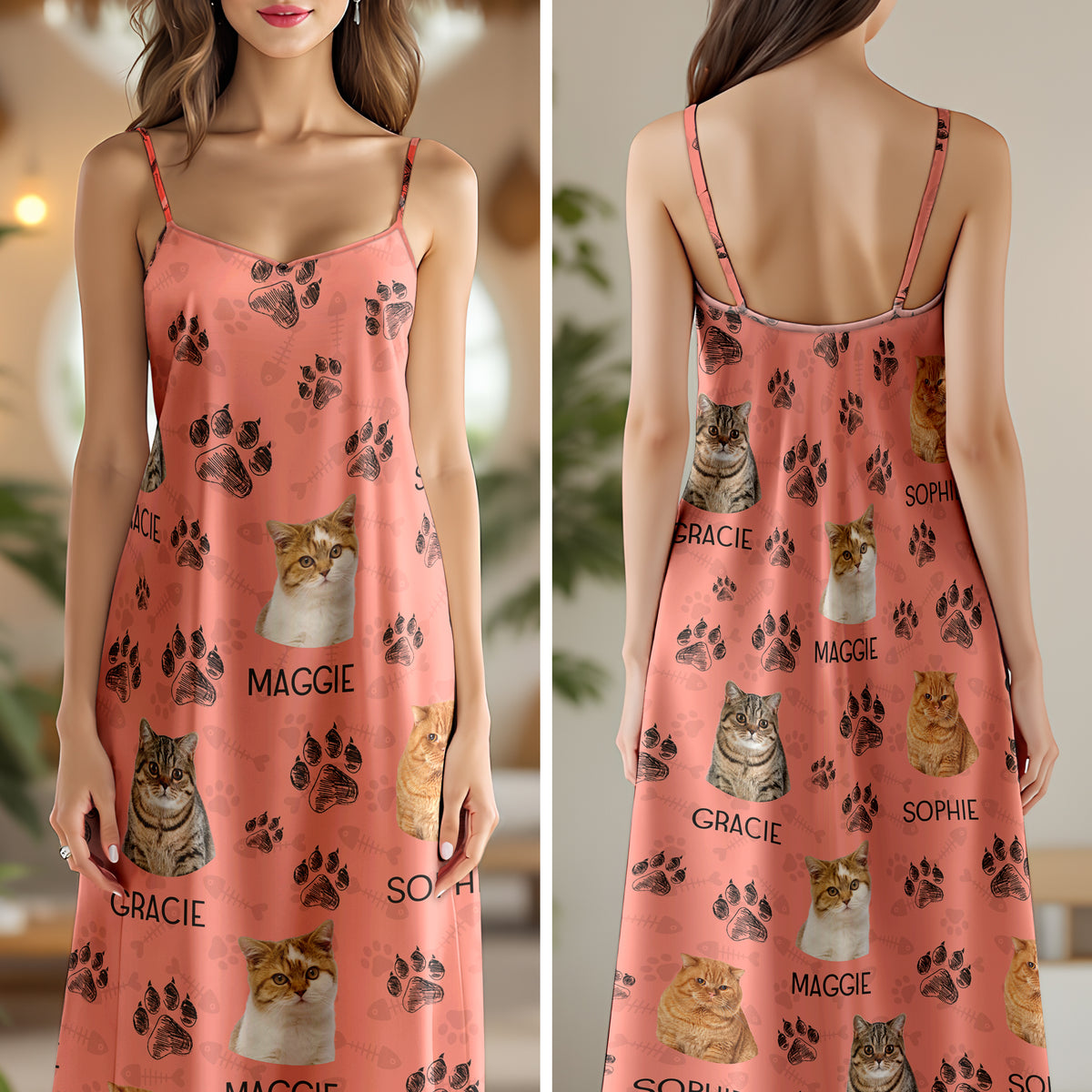 Custom Cute Pet Photo Paw Women's V-neck Cami Maxi Dress LM32 893315