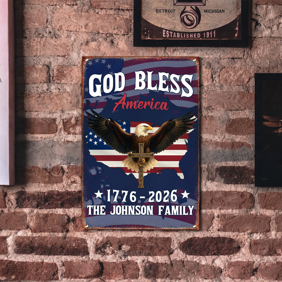 Custom Family Name God Bless America Eagle 1776–2026 Patriotic Metal Sign HA75 920120
