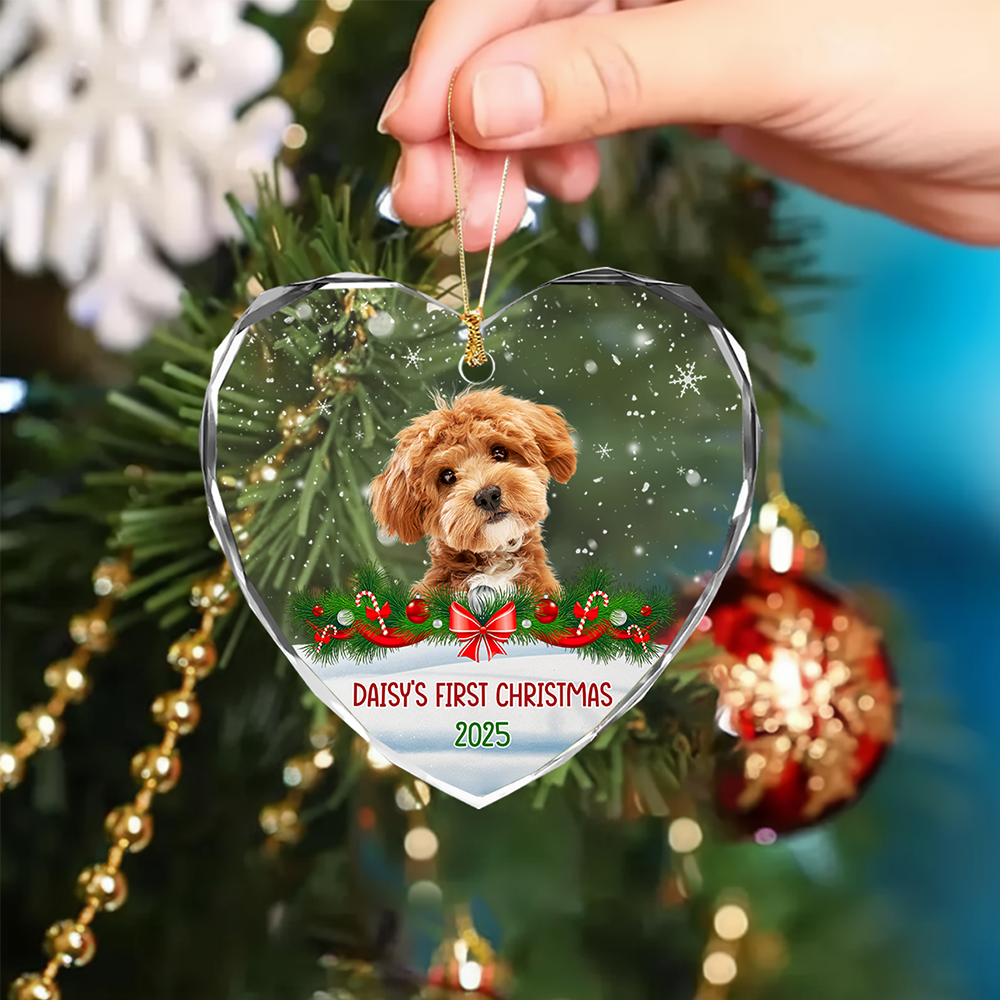 Custom Photo Dog Cat Christmas Heart Shaped Glass Ornament HA75 898092