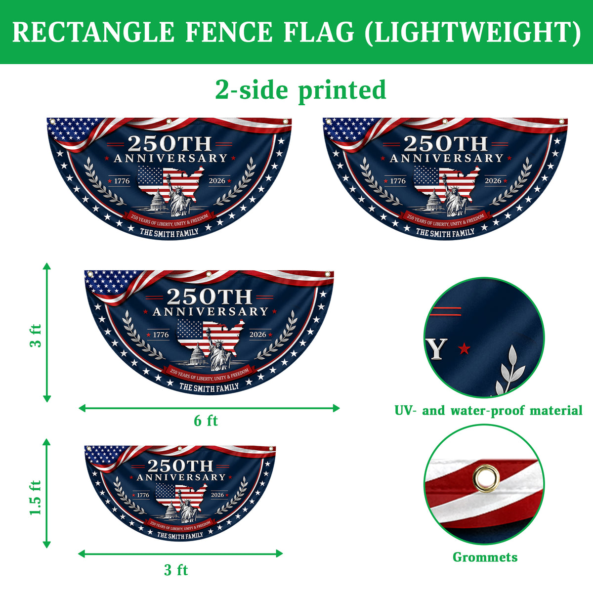 Custom Family Name US 250 Years of Liberty, Unity & Freedom 1776-2026 Non-Pleated Fan Flag TH10 170229