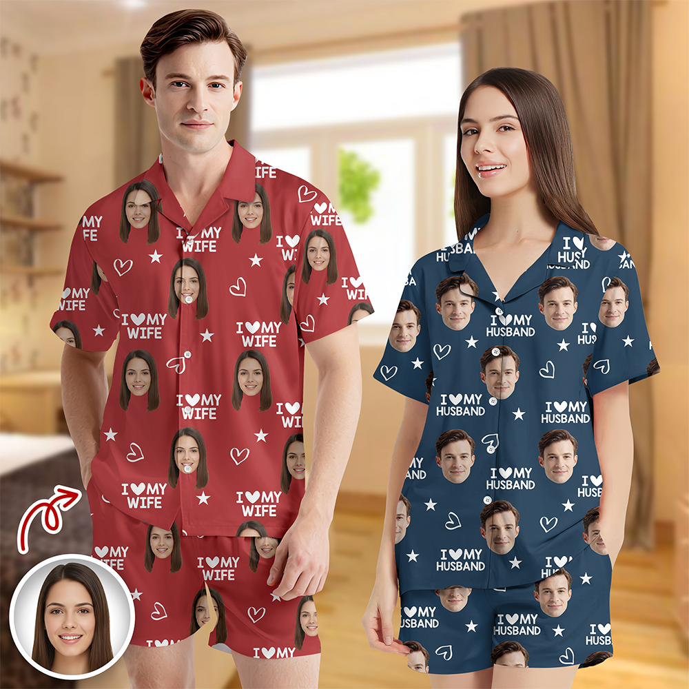 Custom Photo I Love My Wife/Husband Valentine's Gift Short Pajamas For Couple CH07 895422
