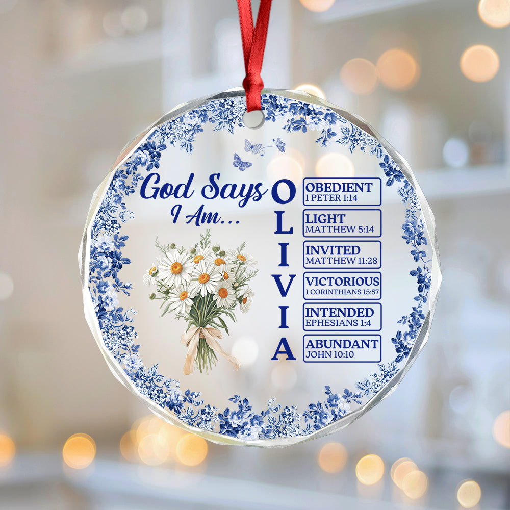 Personalized Name Letter God Says I Am Flower Toile De Jouy Style Glass Ornament LM32 895363