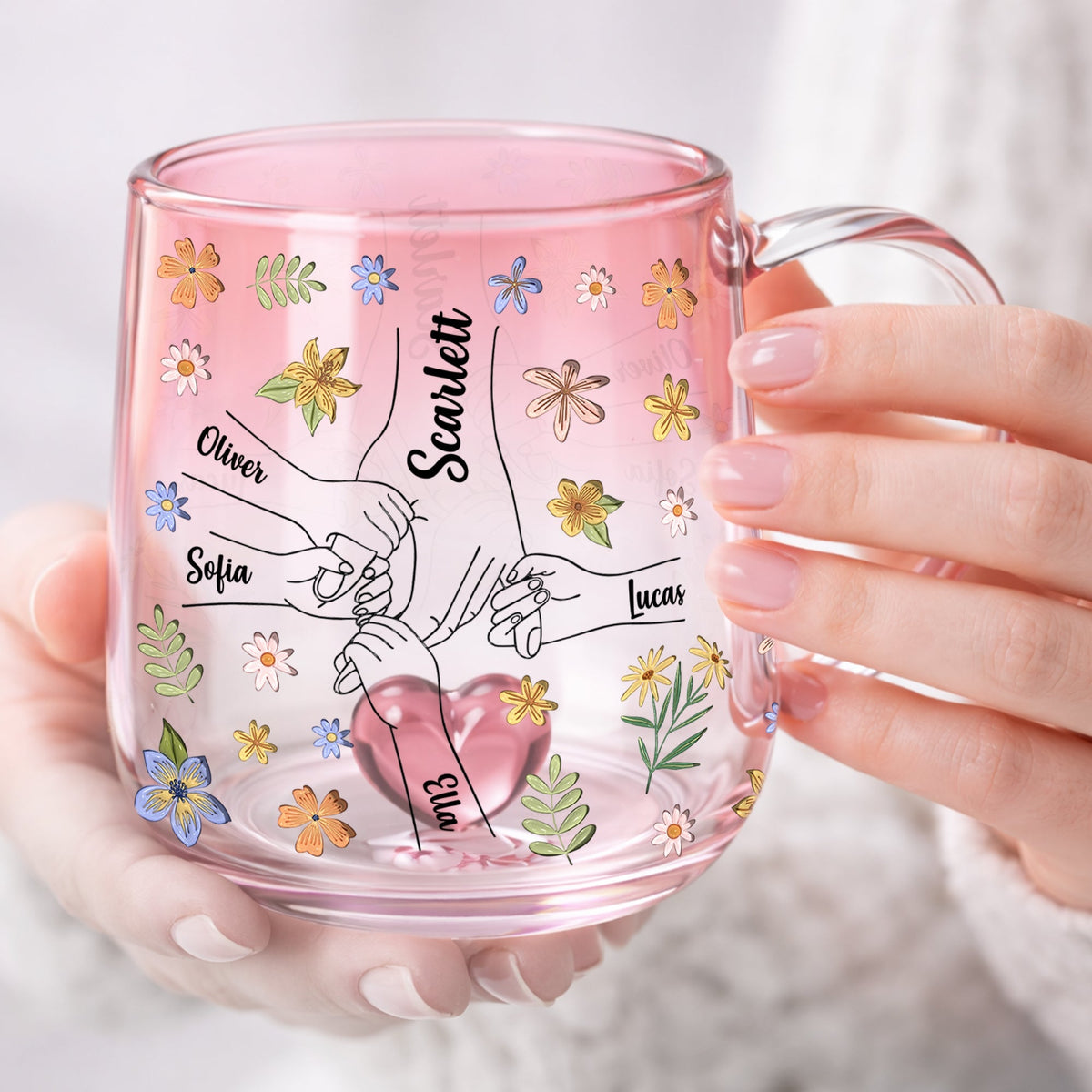 Personalized Hold My Hand Hold My Heart Family Pink Gradient Glass Mug - Gift For Grandma, Mom, Mother's Day HO82 901764