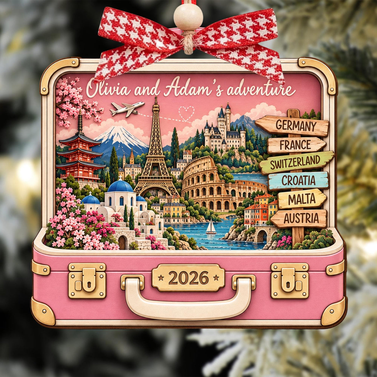 Personalized Travel Suitcase Christmas Wooden Ornament, Adventure Keepsake LM32 670681