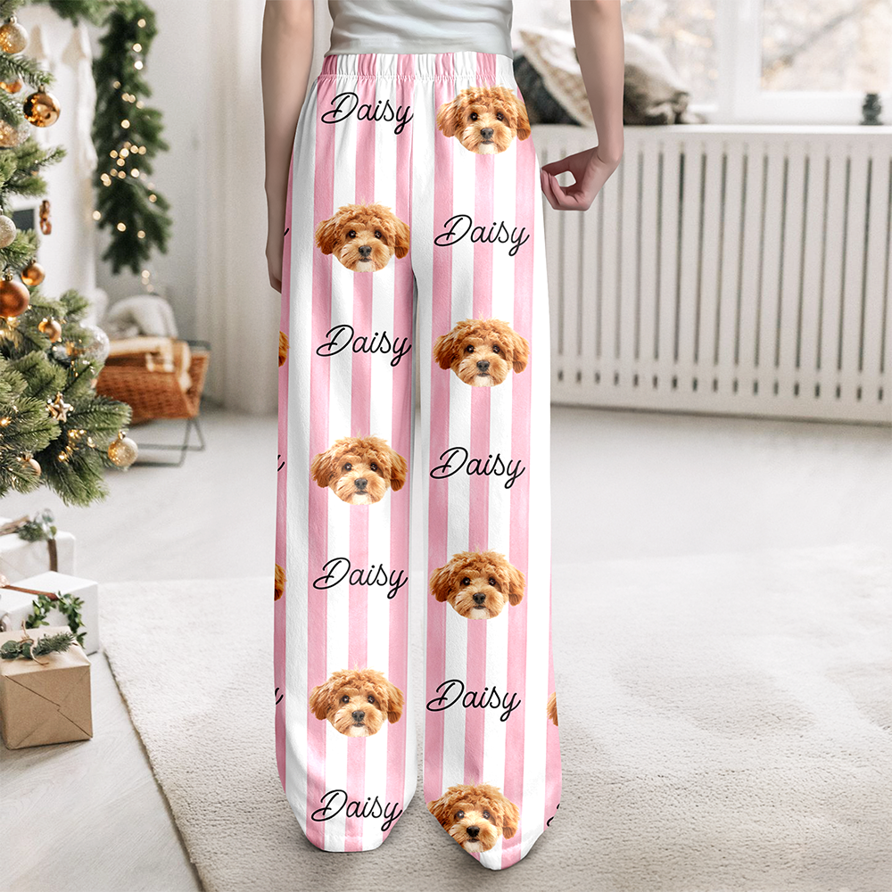 Custom Dog Cat Face Striped Pajama Pants, Personalized Pet Lovers Christmas Gift TH10 171011