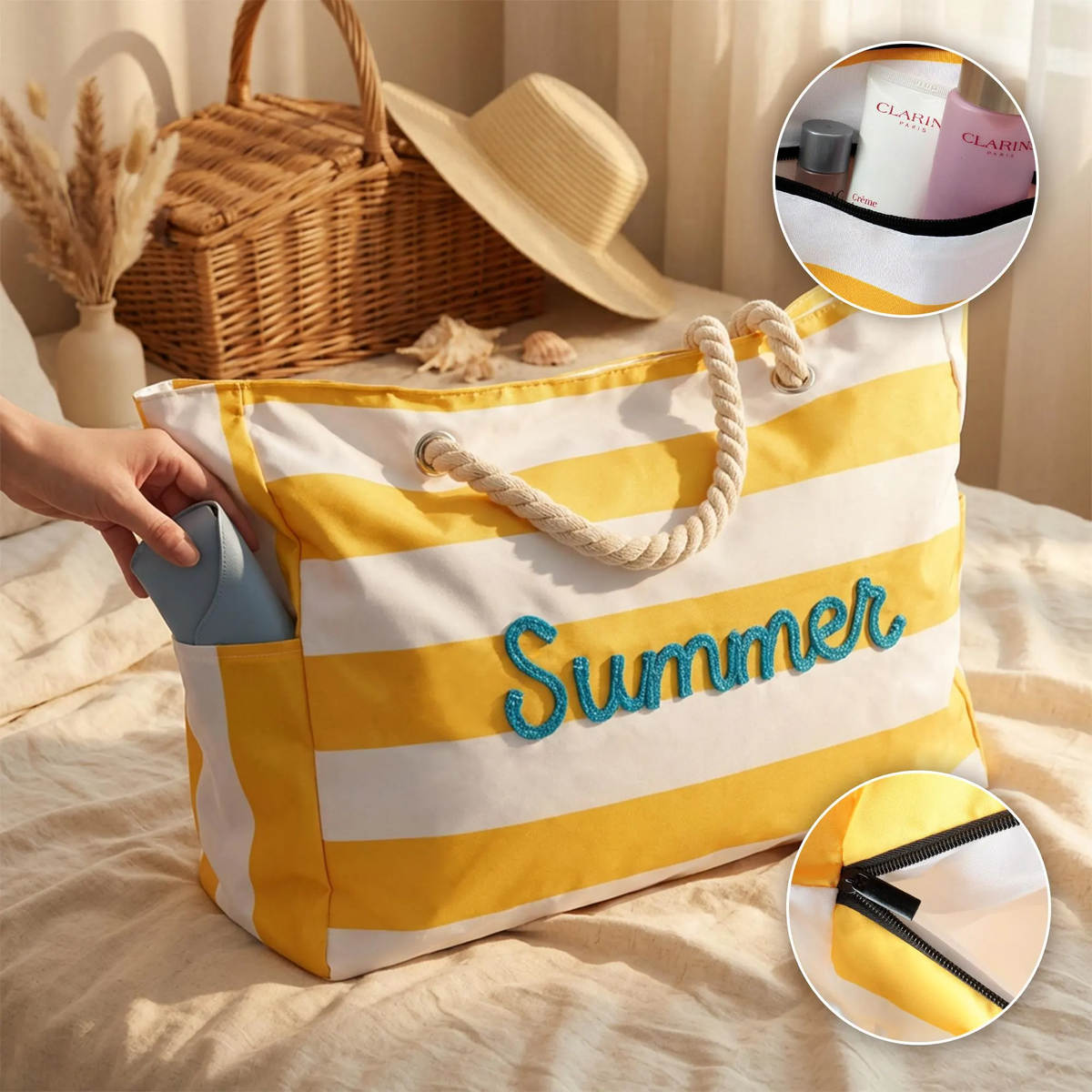 Custom Name Stripe Beach Tote Bag With Zipper - Summer Gift For Women, Mother's Day, Wife, Girlfriend HO82 902006