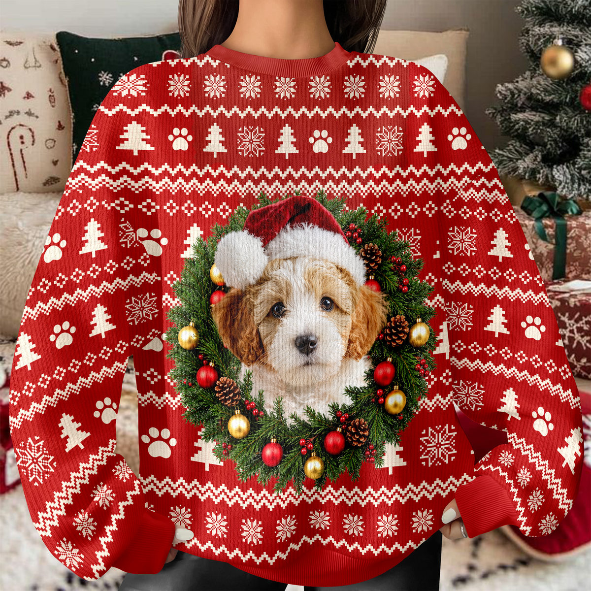 Custom Pet Photo Christmas Wreath Gift Personalized Ugly Sweatshirt CH07 181154