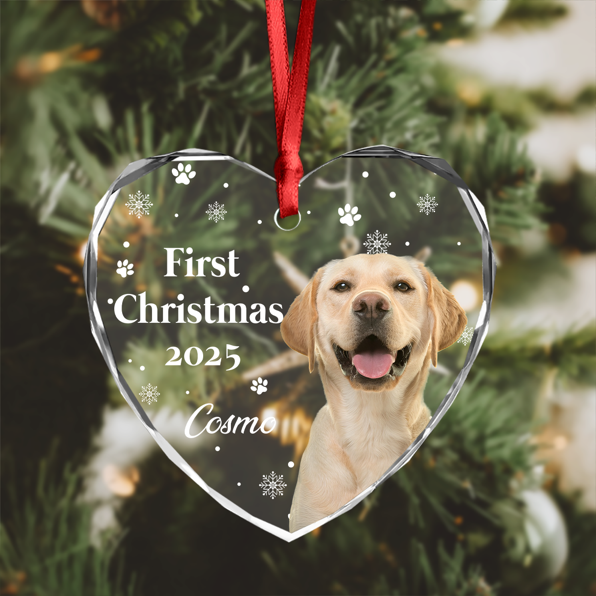 First Christmas With Cute Puppy And Snowflakes Custom Dog Photo Heart Glass Ornament CH07 896390