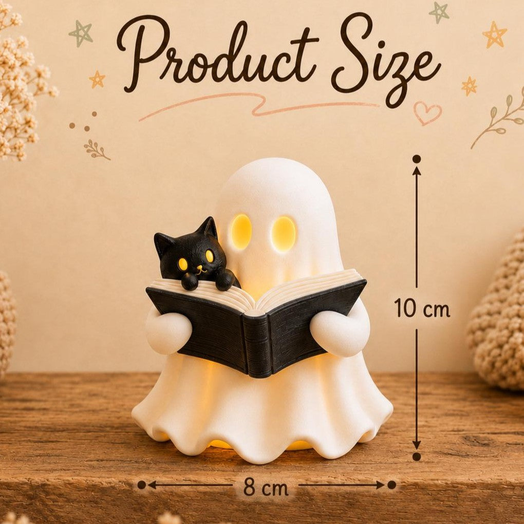 3D Reading Ghost Figurine with Black Cat, LED Tealight Halloween Decor LM32 670039