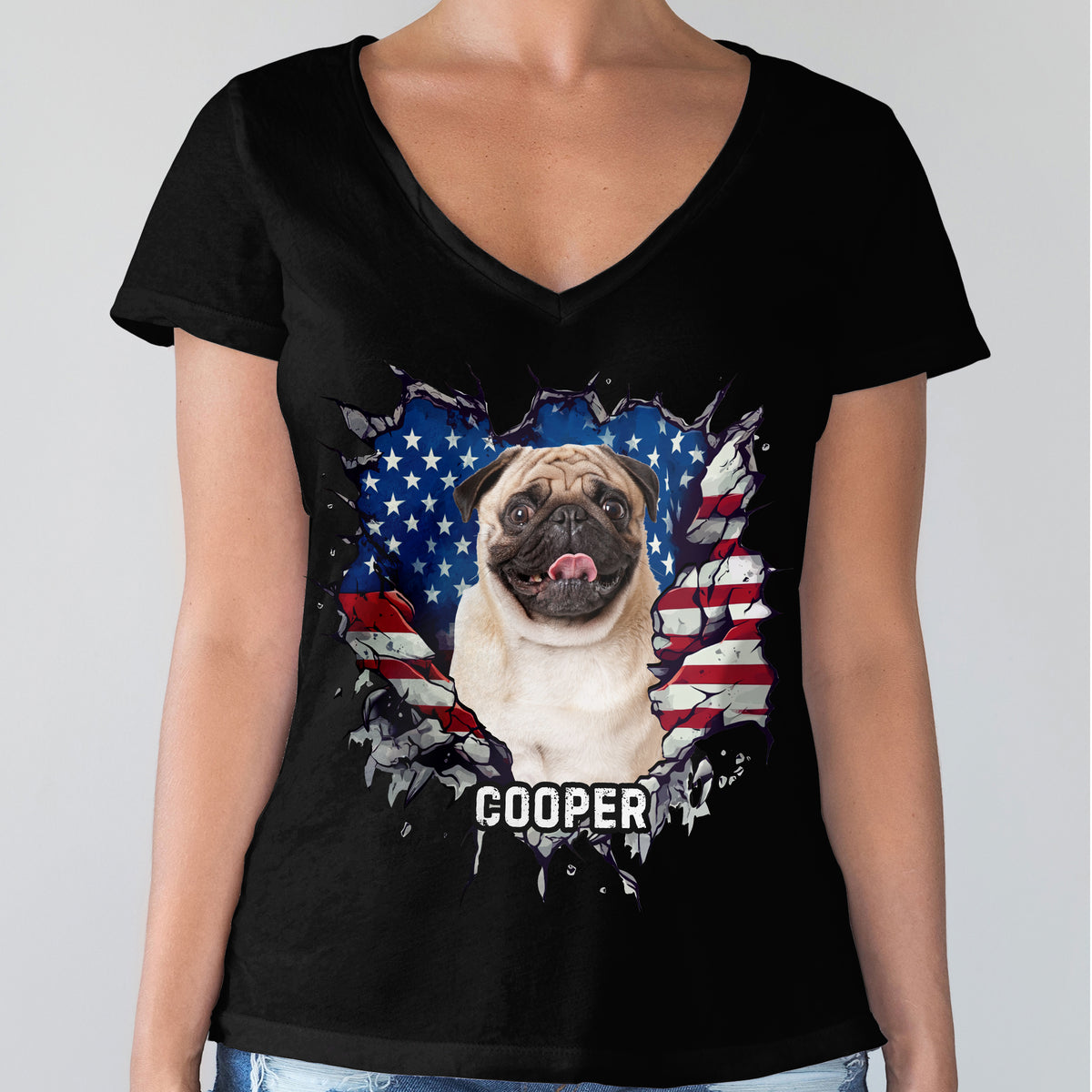 Custom Photo Dog Cat With American Flag Dark Shirt HA75 920656