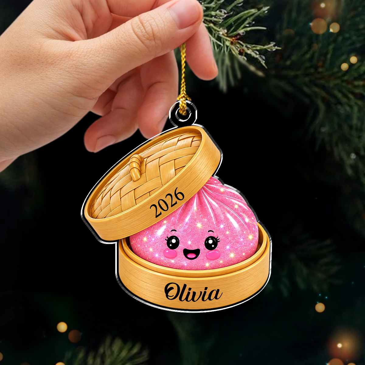 Custom Name Glitter Dumpling Bamboo Steamer Acrylic Ornament, Holiday Keepsake HO82 903730