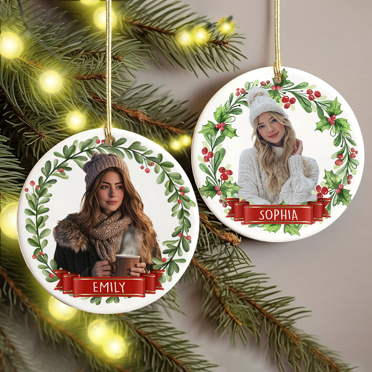 Custom Photo Christmas Wreath Ceramic Ornament, Personalized Holiday Keepsake TH10 171375