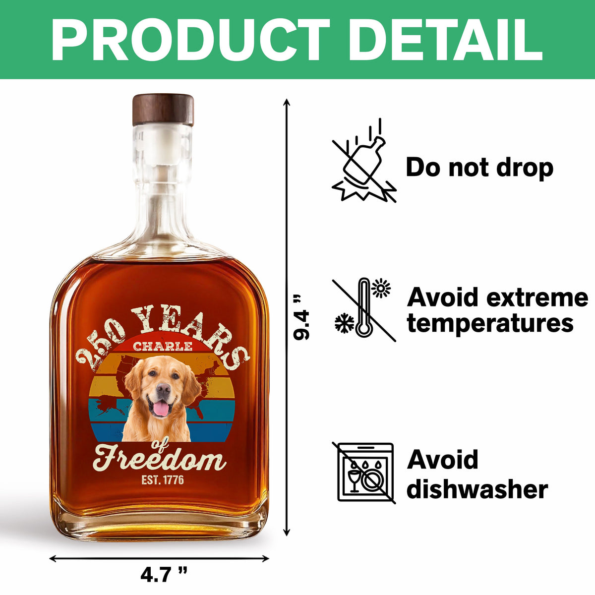 Custom Dog Photo 250 Years of Freedom EST. 1776 Whiskey Bottle LM32 895327