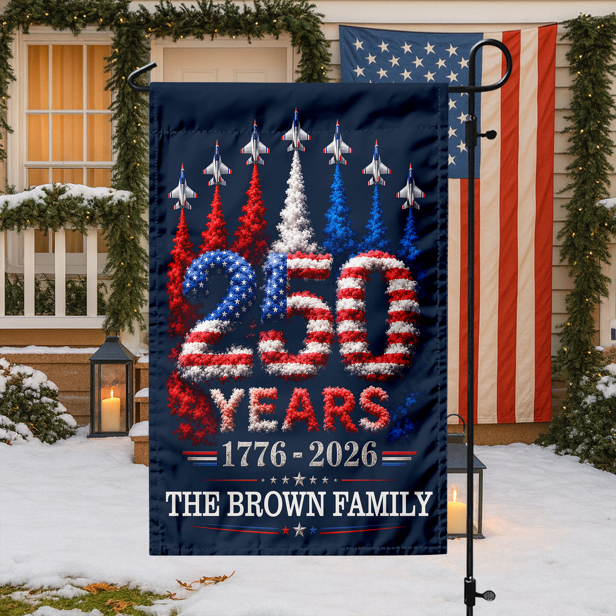 Custom Family Name US 250 Years 1776–2026 Patriotic Jets Garden Flag LM32 669177
