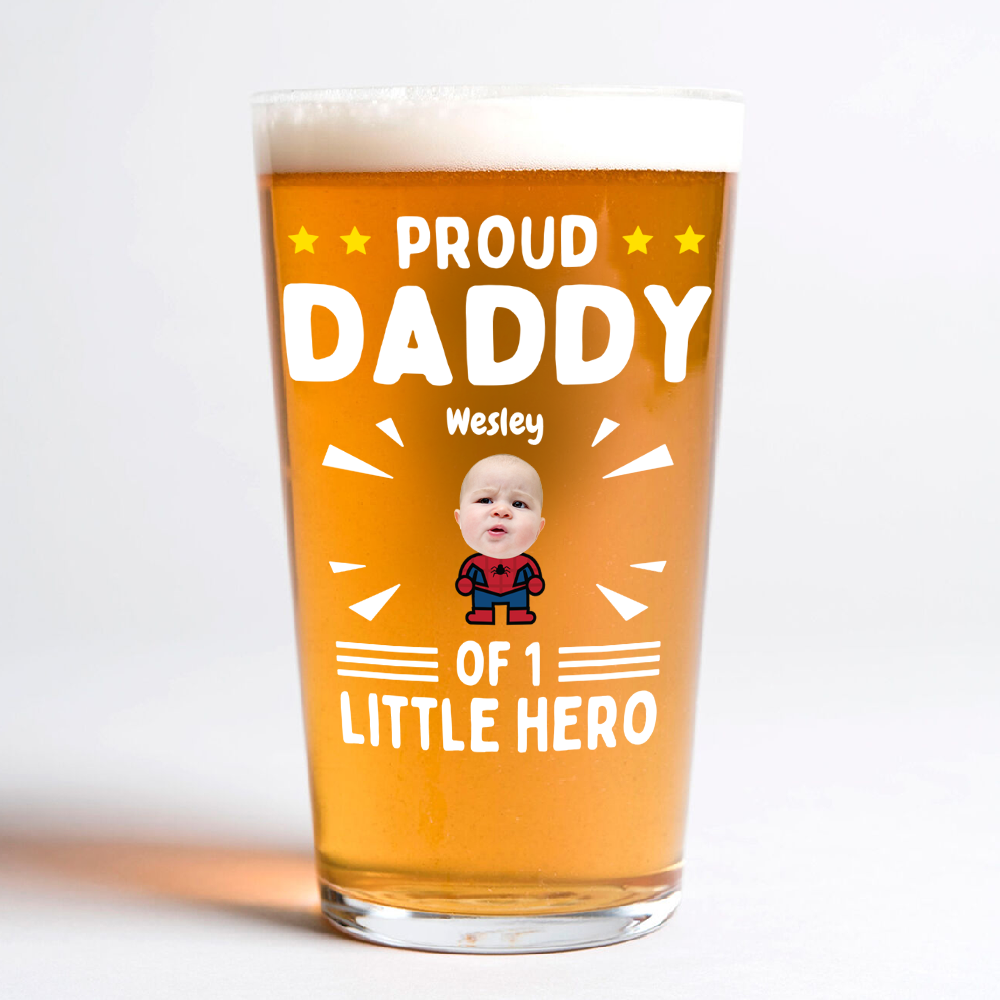 Custom Photo Proud Daddy of Little Heroes - Father's Day Personalized Gifts Custom Beer Glass for Dad, Superhero Lovers HO82 894058
