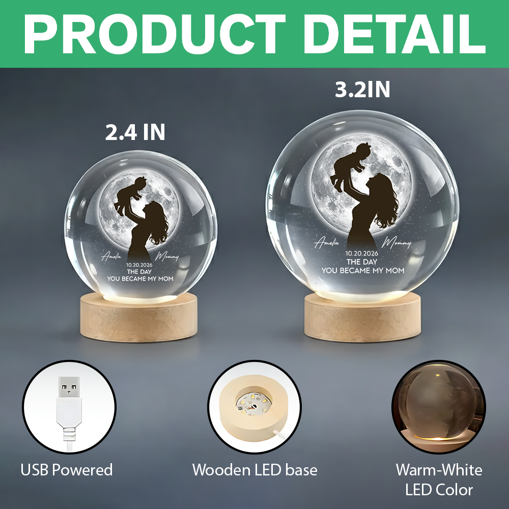 Personalized Mom Hugging Kid, The Day You Became My Mom Engraved Crystal Ball LED Night Light - Mother's Day Gift for Mom HO82 901458