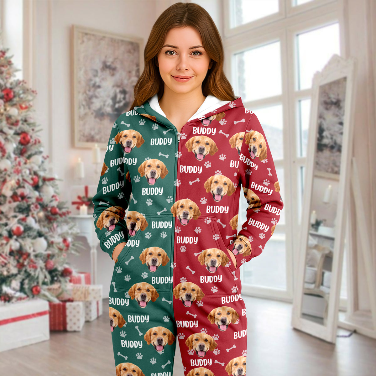 Custom Dog Face Photo Red Green Onesie Pajamas HO82 900382
