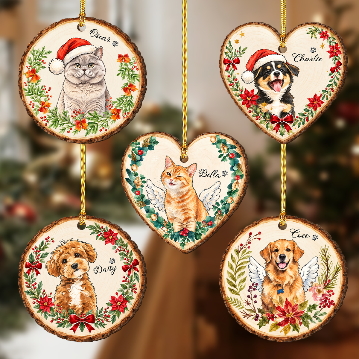 Custom Photo Watercolor Pet Dog Cat Wood Ornament Christmas Gift HA75 919530