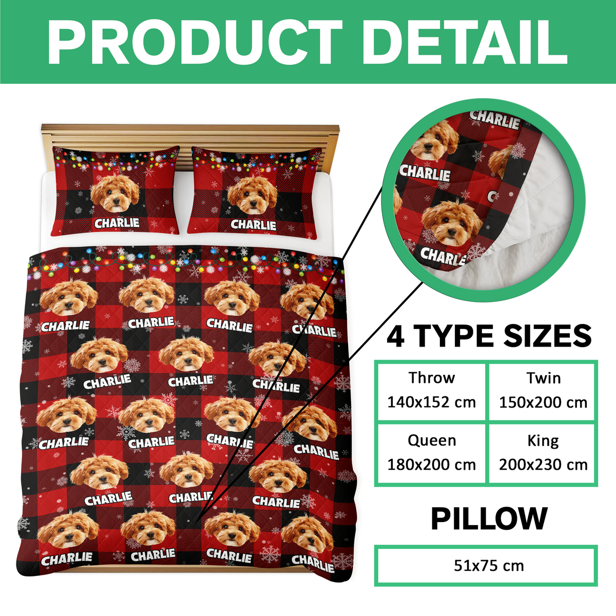 Custom Dog Photo Name Snow Christmas Light Holiday Bedding Set CH07 899086