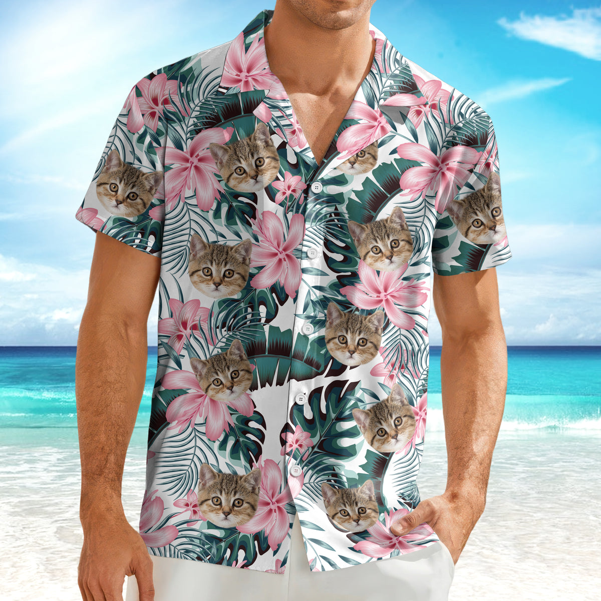 Custom Photo Funny Face Cat Tropical Floral Hawaii Shirt HA75 892262