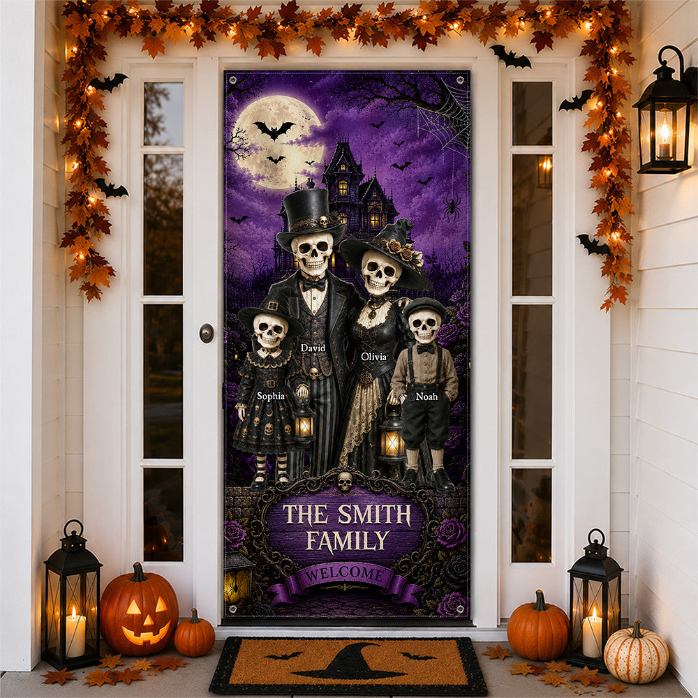 Personalized Gothic Skeleton Family Halloween Door Cover - Custom Family Name Halloween Decor CH07 180196
