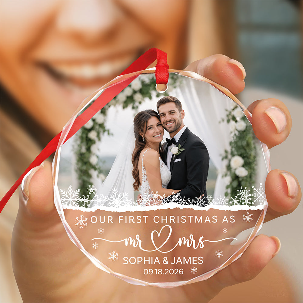 Custom Photo Our First Christmas As Mr Mrs Glass Ornament TH10 171427