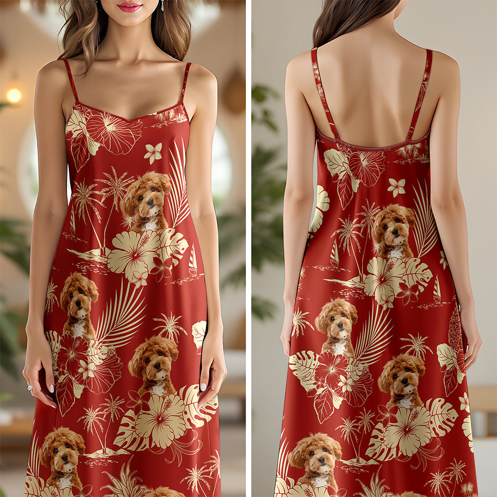 Custom Photo Aloha Hawaiian Dog Women's V-Neck Cami Maxi Dress HO82 893666