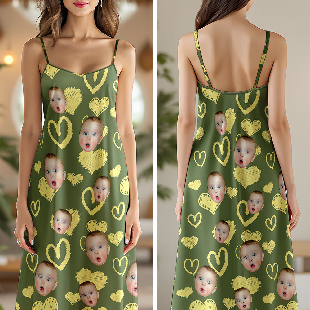 Custom Photo Love Heart Family Women's V-Neck Cami Maxi Dress For Summer Beach Holiday HO82 893736