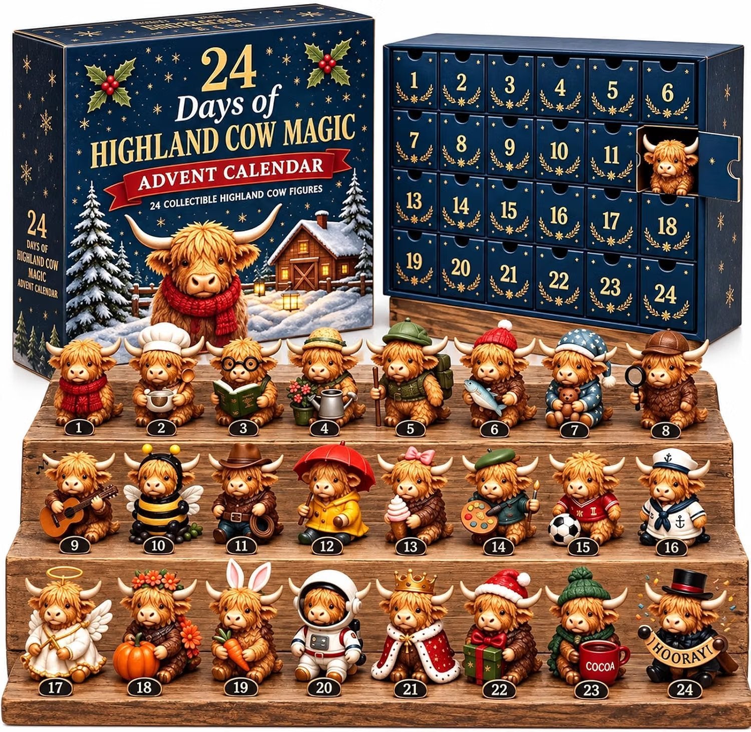 24 Days Of Mini Highland Cow Figures Advent Calendar, Christmas Countdown For Moo-Lovers LM32 670189