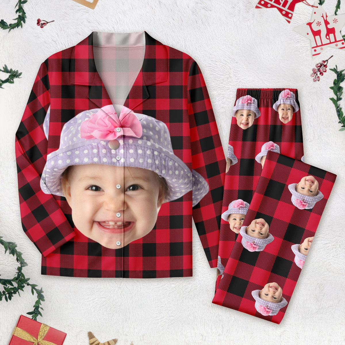 Custom Photo Portrait Face With Christmas Accessories Flannel Pajamas N369 HA75 888723