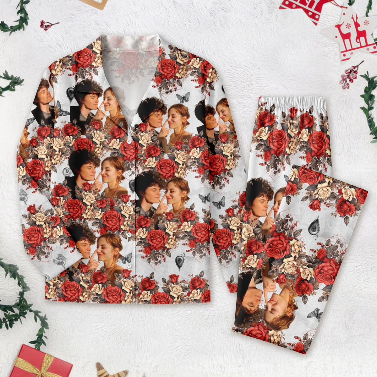 Custom Photo Vintage Butterfly Roses Couple Pajamas Gift For Valentine's Day HO82 893382