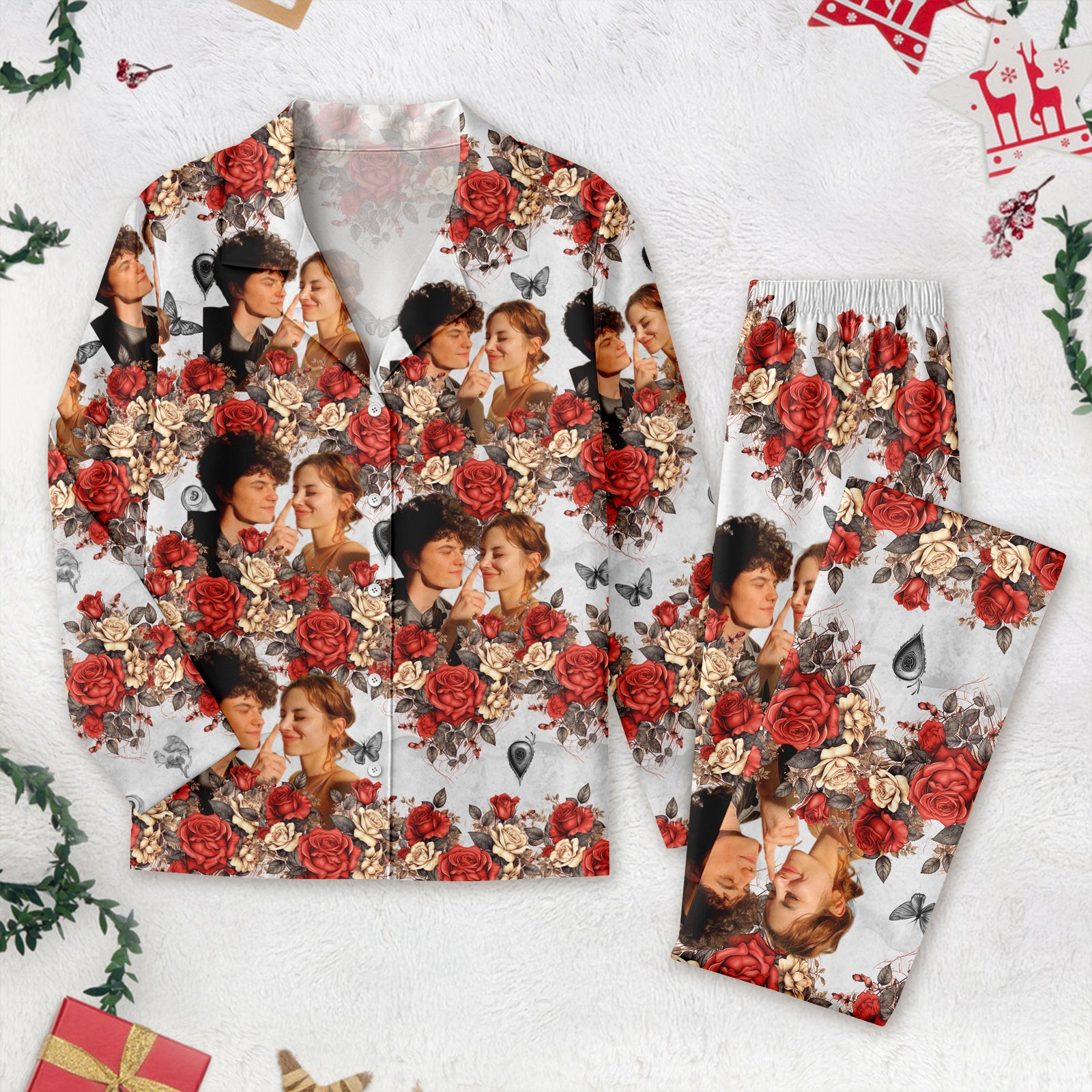 Custom Photo Vintage Butterfly Roses Couple Pajamas Gift For Valentine's Day HO82 893382
