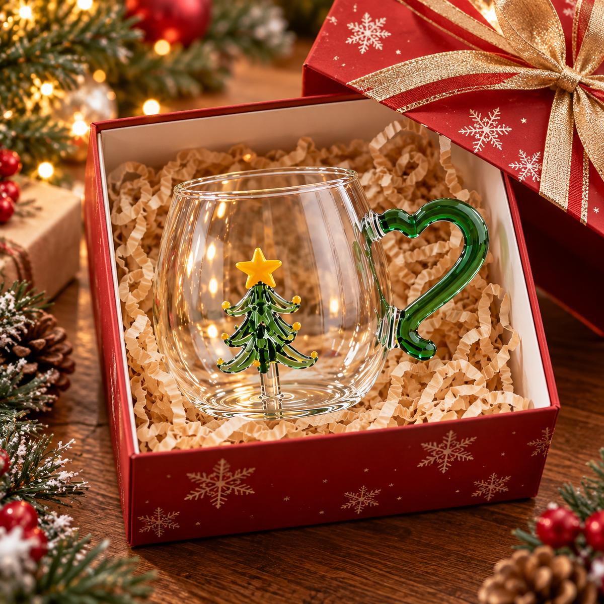 3D Christmas Shaped Glass Mug with Heart Handle, Holiday Coffee Cup, Christmas Gift HA75 919174