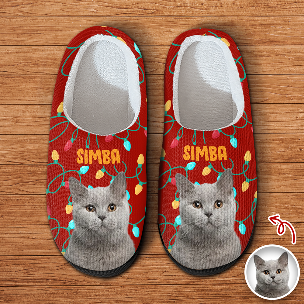 Custom Photo Cat Christmas Lights Slippers Unique Funny Gift HA75 897694