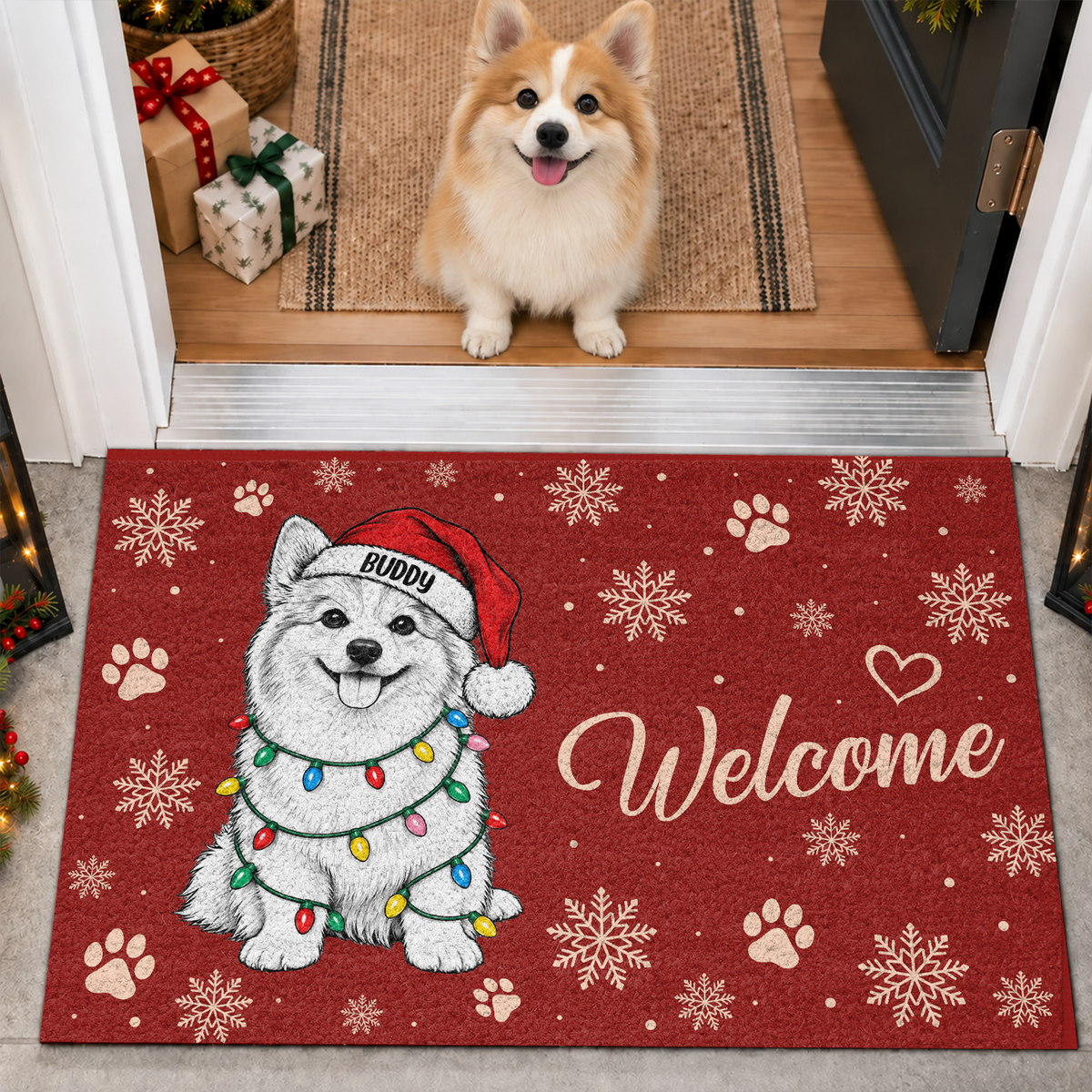 Custom Dog Photo Christmas Light Welcome Doormat CH07 180602