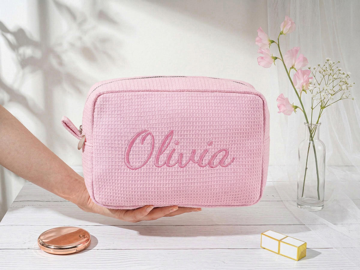 Personalized Name Embroidered Waffle Cosmetic Bag - Gift For Mom, Girlfriend, Women, Bridesmaid Gift LM32 899547