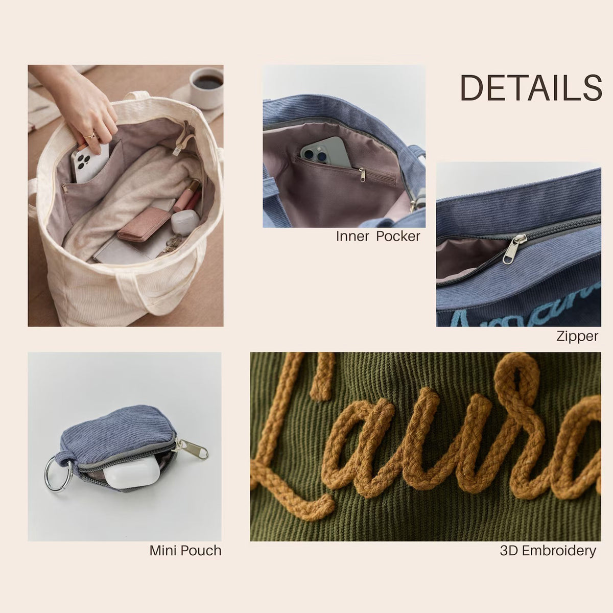 Personalized Embroidered Corduroy Tote - Bridesmaid Gift, Everyday Essential & Weekender HA75 920584